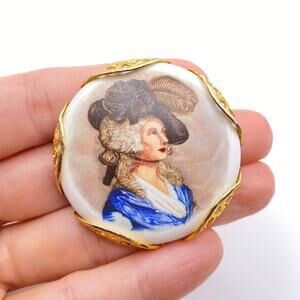 Vtg Style Portrait Brooch White Porcelain Transfer Lady in Hat Gold Tone Frame